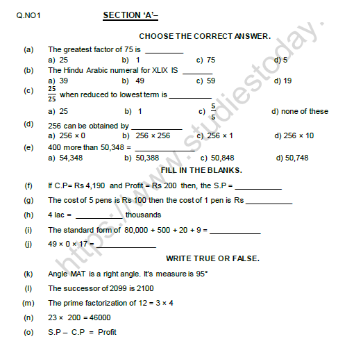 mathematics class 5 questions